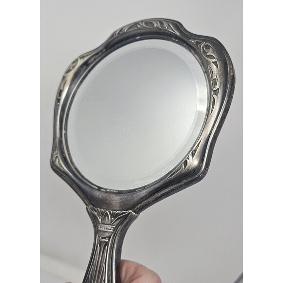 Antique Art Nouveau Silver Plated 10" Hand Vanity Mirror Victorian Design 1905 - Picture 2 of 12